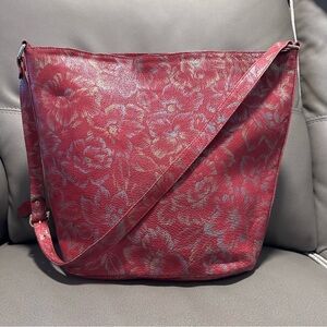 Red floral Italian leather tote shoulder hobo bag full zip adjustable strap boho